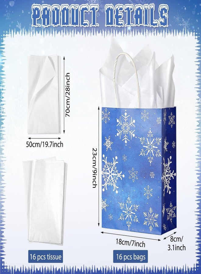 Jectivs 16Pcs Christmas Snowflake Party Gift Bags Winter Onederland Blue Treat Bags with 16Pcs White Tissue, Large Thick Kraft Paper Christmas Goodie Bag with Handles for Holiday Party Favor - Image 2